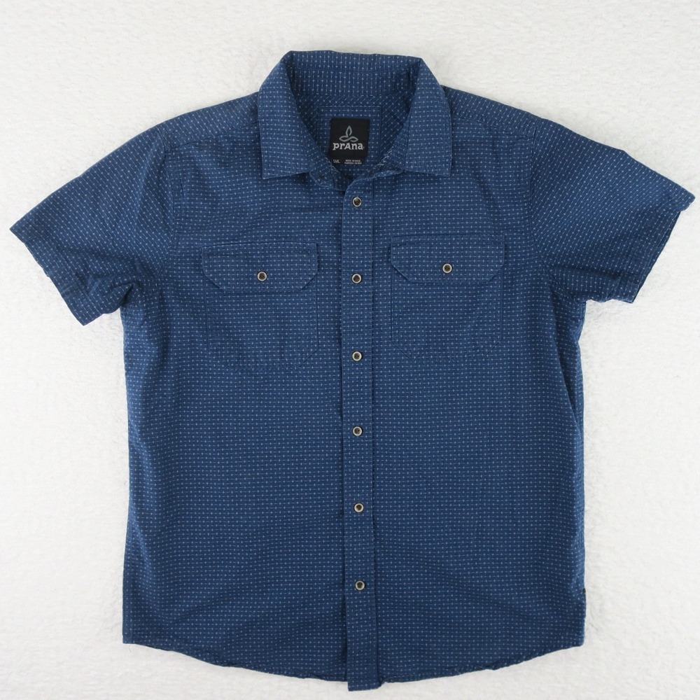 Prana Short Sleeve Button Up Shirt Mens Small Blue Organic Cotton Blend